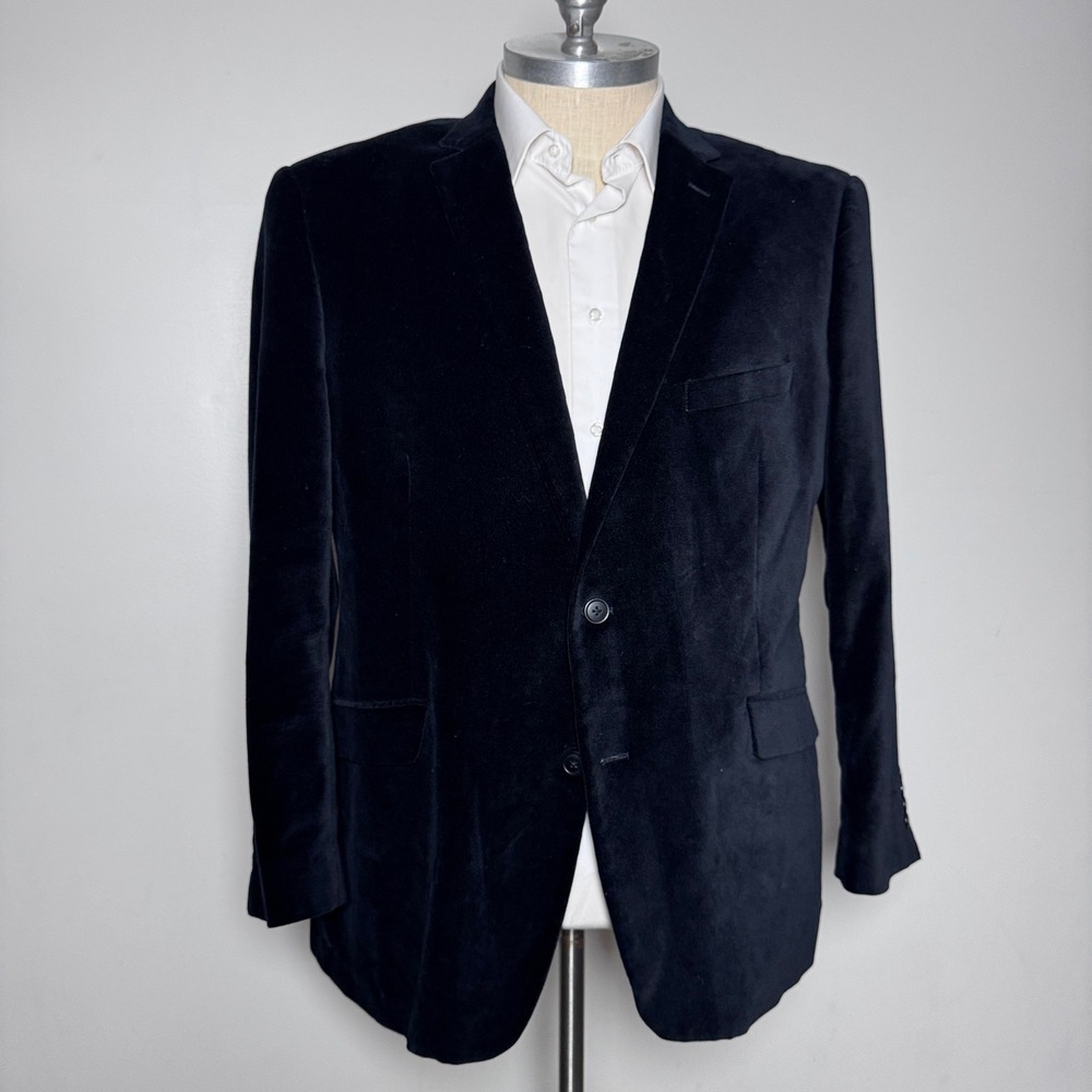 Adolfo Blazer Mens 50R Black Solid Velvet Notch Lapel Two Button Sport Coat